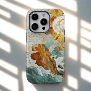 Waves and Sun スマホケース ステンドグラスカバー iPhone 17 Pro Max、16e、15、14、13 & Samsung S26 Ultra、S25 FE、A57、A56、Pixel 10、9A 対応
