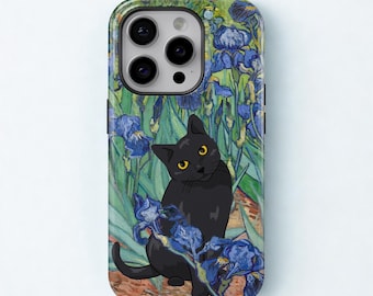 Mobilskal med Vincent van Gogh-irismotiv och svart katt för iPhone 17 Pro Max, 16e, 15, 14, 13 och Samsung S26 Ultra, S25 FE, A57, A56, Pixel 10, 9A