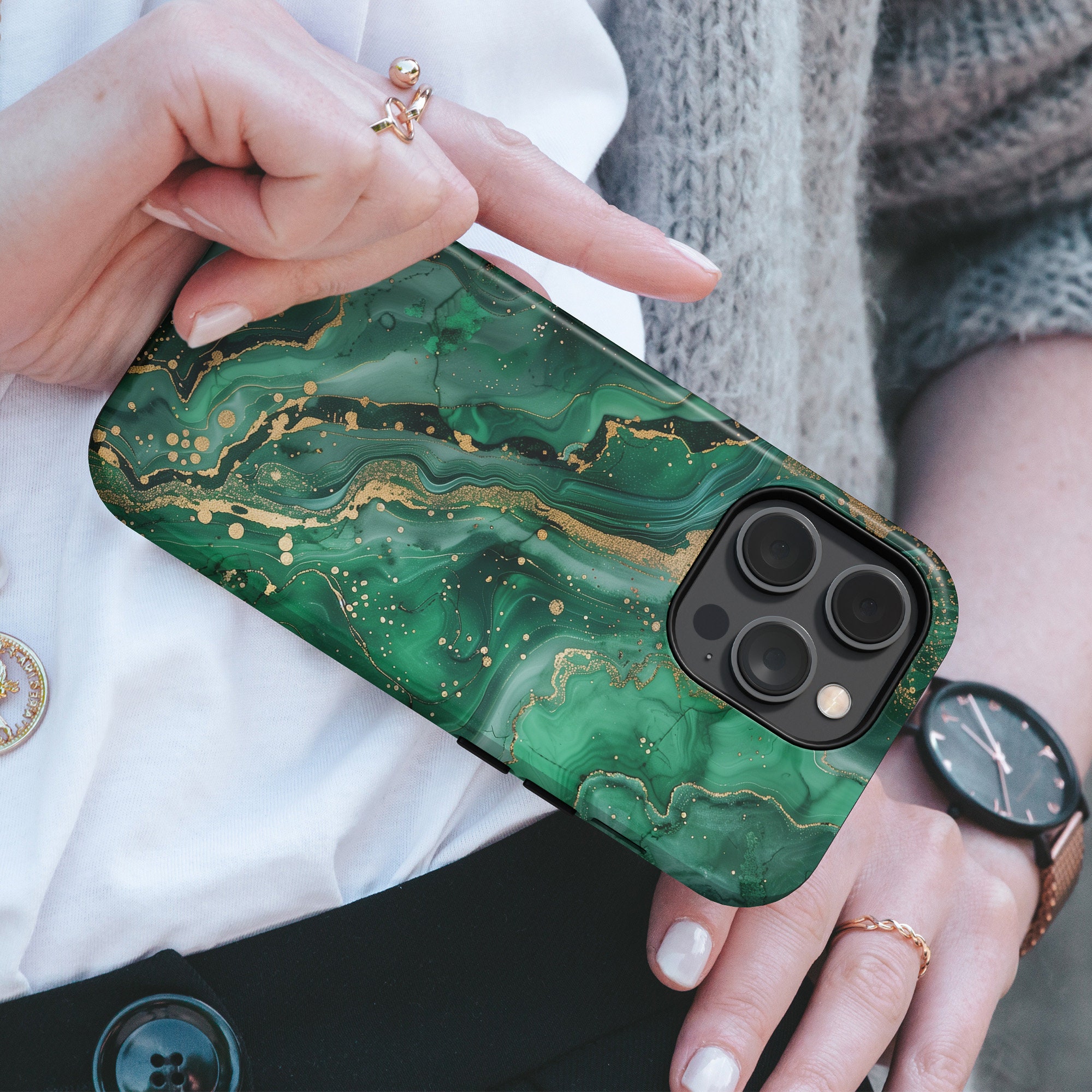 Jade Marble Phone Case With Gold Cover for iPhone 17 Pro Max, 16e