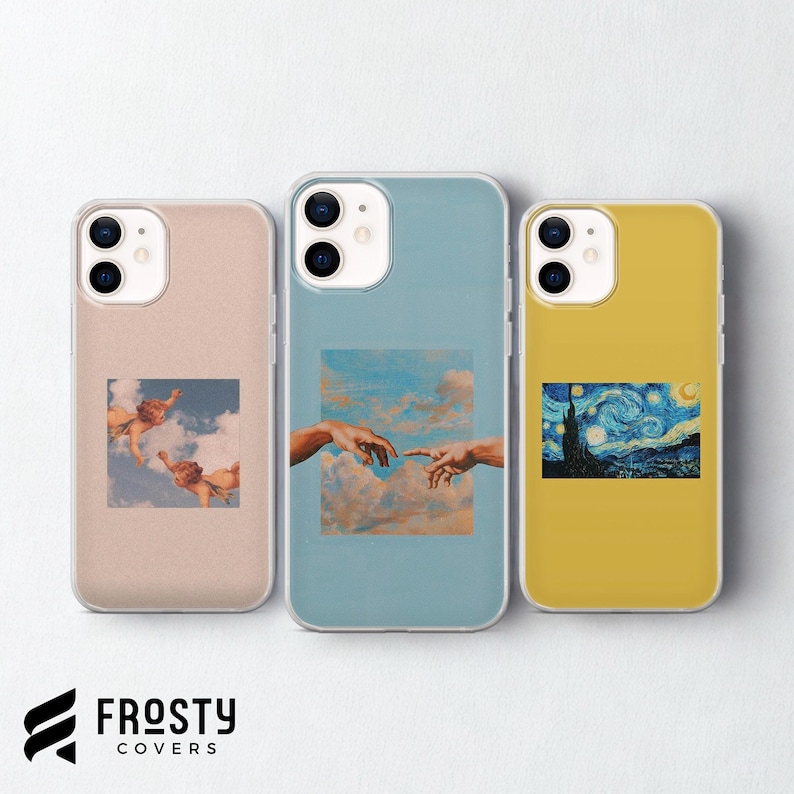 May include: Three smartphone cases featuring artistic prints. The left case is beige with cherubs in clouds. The center case is light blue with a depiction of hands reaching toward each other. The right case is yellow with a starry night landscape.