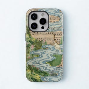 May include: A smartphone case featuring a collage design with vintage sheet music, a winding blue river pattern, lush green foliage with small pink flowers, and a white heron standing near the water's edge on a light-coloured background.