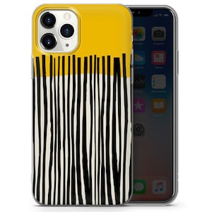 May include: A clear phone case with a black and white striped design. The top portion of the case is yellow.