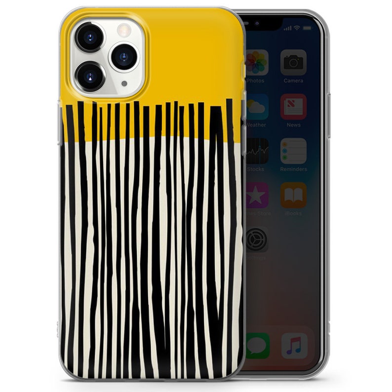 May include: A clear phone case with a black and white striped design. The top portion of the case is yellow.