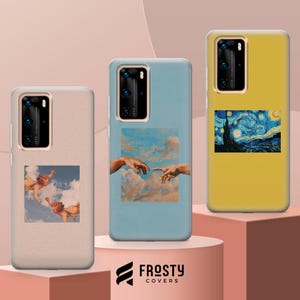 May include: Three smartphone cases featuring art prints. The left case is beige with cherubs in clouds. The center case is light blue with the Creation of Adam hands. The right case is yellow with a Starry Night print. Logo reads FROSTY COVERS.