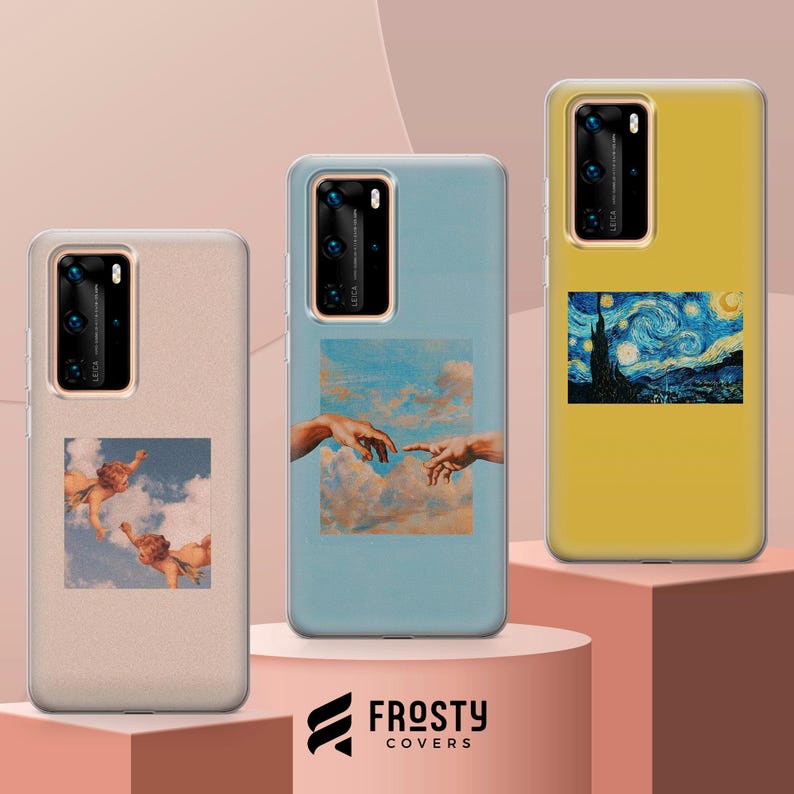 May include: Three smartphone cases featuring art prints. The left case is beige with cherubs in clouds. The center case is light blue with the Creation of Adam hands. The right case is yellow with a Starry Night print. Logo reads FROSTY COVERS.