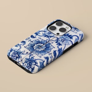 Azulejo Porzellan Handyhülle Blaue Fliesenhülle für iPhone 16 Pro Max, 15 Plus, 14, 13, 12, 11, XS & Samsung S25, S24, A56, A55, Pixel 9 Pro, 8