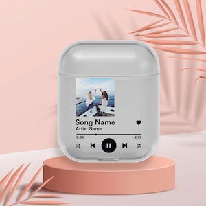 May include: A clear phone case with a photo of two people on a boat. The case has a music player design with the text "Song Name" and "Artist Name". The music player has a play button, a pause button, and a skip button.