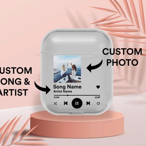 May include: A clear phone case with a custom photo and music player design. The case features a custom photo, song title, artist name, and play/pause buttons. The text on the case reads "CUSTOM PHOTO" and "CUSTOM SONG & ARTIST".