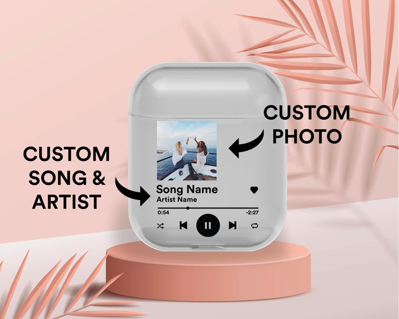 May include: A clear phone case with a custom photo and music player design. The case features a custom photo, song title, artist name, and play/pause buttons. The text on the case reads "CUSTOM PHOTO" and "CUSTOM SONG & ARTIST".