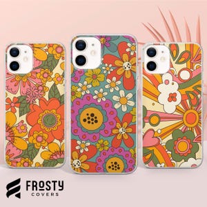 Custodia per telefono retrò Groovy con motivo floreale hippie per iPhone 16 Pro Max, 15 Plus, 14, 13, 12, 11, XS e Samsung S25, S24, A56, A55, Pixel 9 Pro, 8