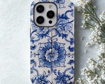 Azulejo Porcelain Phone Case Blue Tile Cover for iPhone 17 Pro Max, 16e, 15, 14, 13 & Samsung S26 Ultra, S25 FE, A57, A56, Pixel 10, 9A