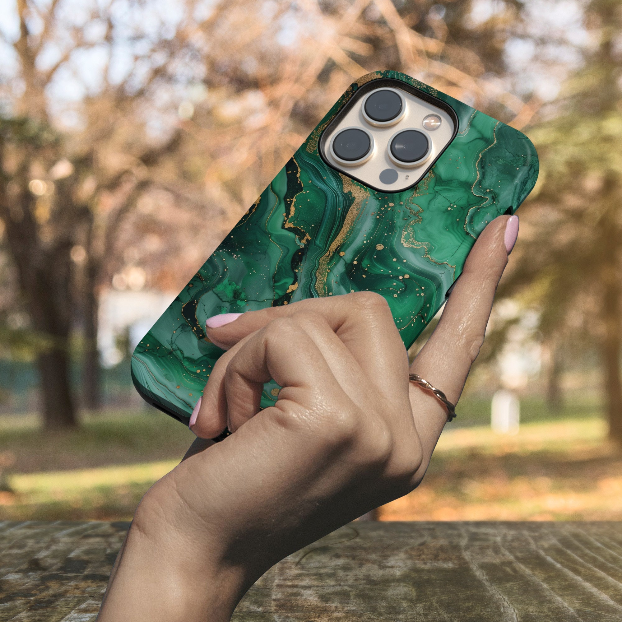 Jade Marble Phone Case With Gold Cover for iPhone 17 Pro Max, 16e