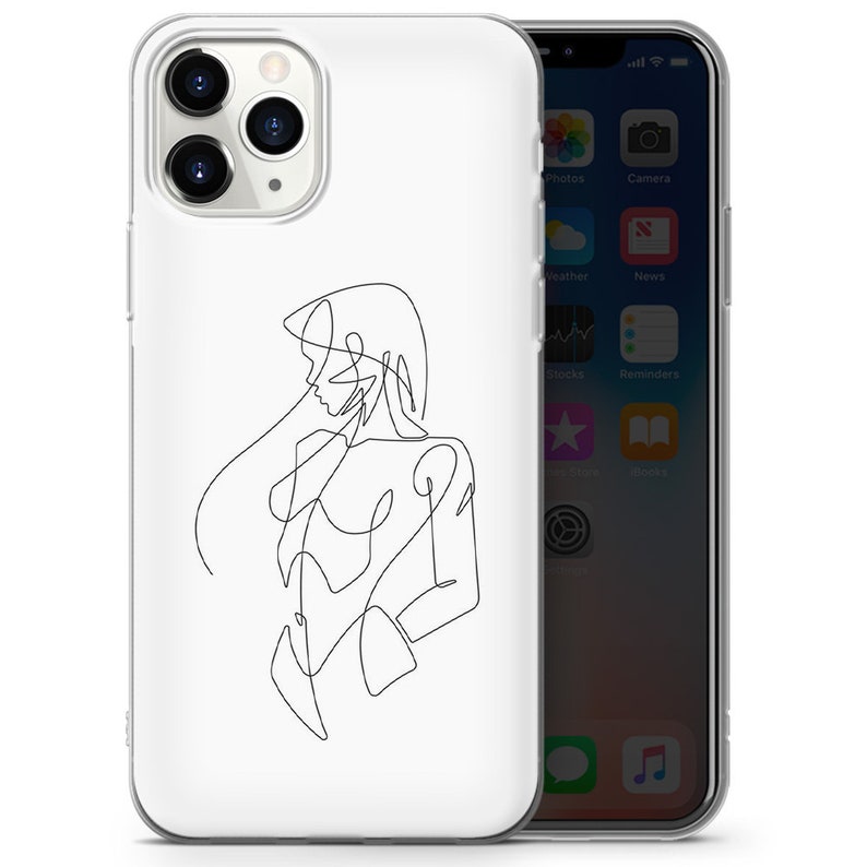 Puede incluir: Una funda de tel&eacute;fono blanca con un dibujo de l&iacute;nea negra de un perfil de mujer. El dibujo es de estilo minimalista y presenta el cabello, la cara y los hombros de la mujer.
