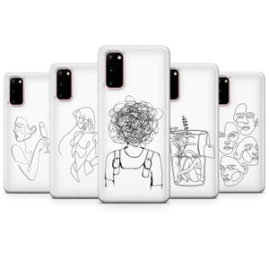 Puede incluir: Conjunto de seis fundas para tel&eacute;fono con dise&ntilde;os minimalistas de arte lineal. Los dise&ntilde;os incluyen una mujer con una copa de vino, una mujer con el pelo suelto, una persona con la cabeza llena de pelo enredado, una planta en maceta y dos caras.