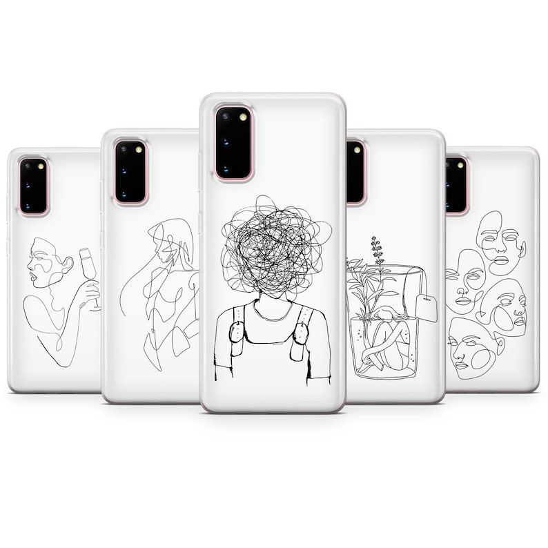 Puede incluir: Conjunto de seis fundas para tel&eacute;fono con dise&ntilde;os minimalistas de arte lineal. Los dise&ntilde;os incluyen una mujer con una copa de vino, una mujer con el pelo suelto, una persona con la cabeza llena de pelo enredado, una planta en maceta y dos caras.