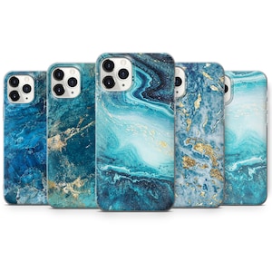 Blauer Marmor Handyhülle mit Goldabdeckung für iPhone 16 Pro Max, 15 Plus, 14, 13, 12, 11, XS & Samsung S25, S24, A56, A55, Pixel 9 Pro, 8
