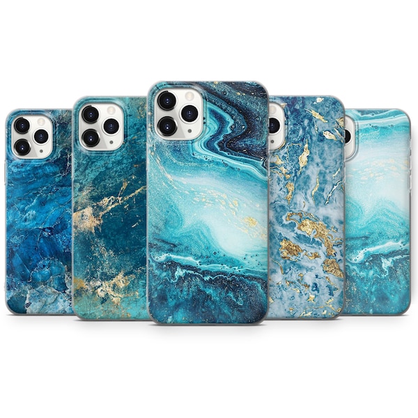 Blauw marmeren telefoonhoesje met gouden cover geschikt voor iPhone 15 Pro Max, 14 Plus, 13, 12, 11, XR en Samsung S24, S23, A54, A53, Pixel 8 Pro, 7