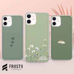 Coque de portable minimaliste verte à fleurs pour iPhone 16 Pro Max, 15 Plus, 14, 13, 12, 11, XS et Samsung S25, S24, A56, A55, Pixel 9 Pro, 8