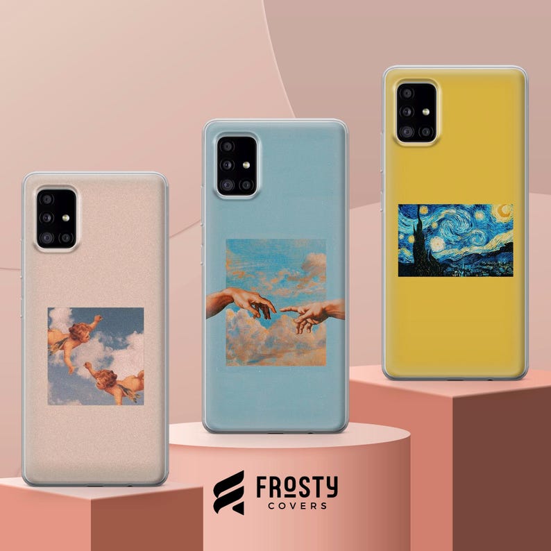 May include: Three rectangular smartphone cases featuring artistic prints. The left case is beige with cherubs in clouds. The center case is light blue with the Creation of Adam hands. The right case is yellow with a Starry Night print. Logo reads FROSTY COVERS.