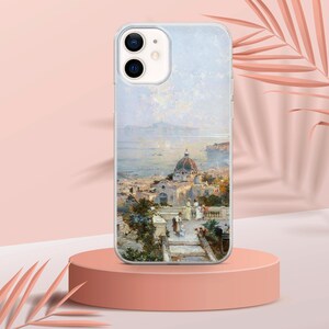 May include: A clear phone case with a painting of a cityscape with a domed building in the center. The painting is in a light blue, white, and gray color scheme.