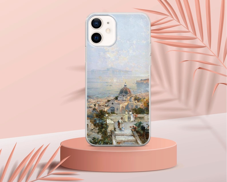 May include: A clear phone case with a painting of a cityscape with a domed building in the center. The painting is in a light blue, white, and gray color scheme.