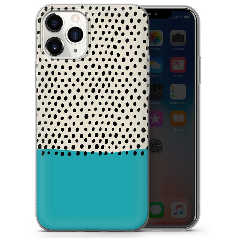 May include: A clear phone case with a black and white polka dot pattern on the top half and a solid turquoise blue on the bottom half.