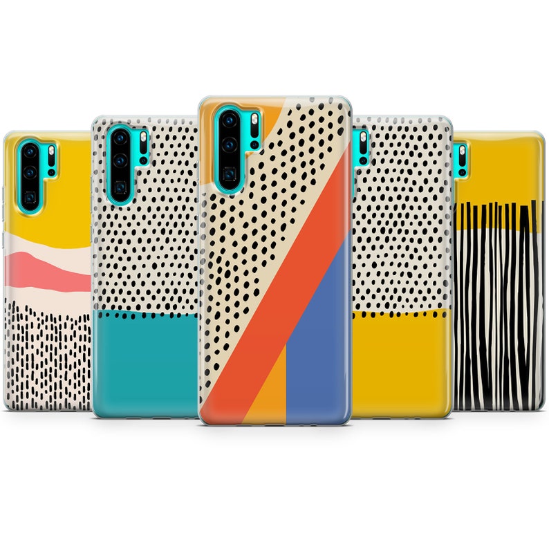 May include: Five different phone cases with abstract geometric designs. The cases are all black and white with pops of color, including yellow, orange, blue, and turquoise.
