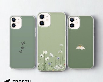 Green Minimalist Phone Case Floral Cover for iPhone 17 Pro Max, 16e, 15, 14, 13 & Samsung S26 Ultra, S25 FE, A57, A56, Pixel 10, 9A