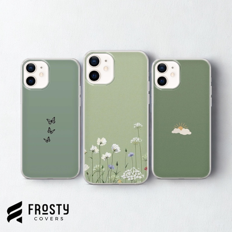 Grüne Minimalist Handyhülle Blumenmuster für iPhone 17 Pro Max, 16e, 15, 14, 13, Samsung S26 Ultra, S25 FE, A57, A56, Pixel 10, 9A Bild 1