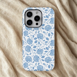 Capa de celular azul floral com estampa de rosas, resistente e compatível com iPhone 17 Pro Max, 16e, 15, 14, 13 e Samsung S26 Ultra, S25 FE, A57, A56, Pixel 10, 9A.