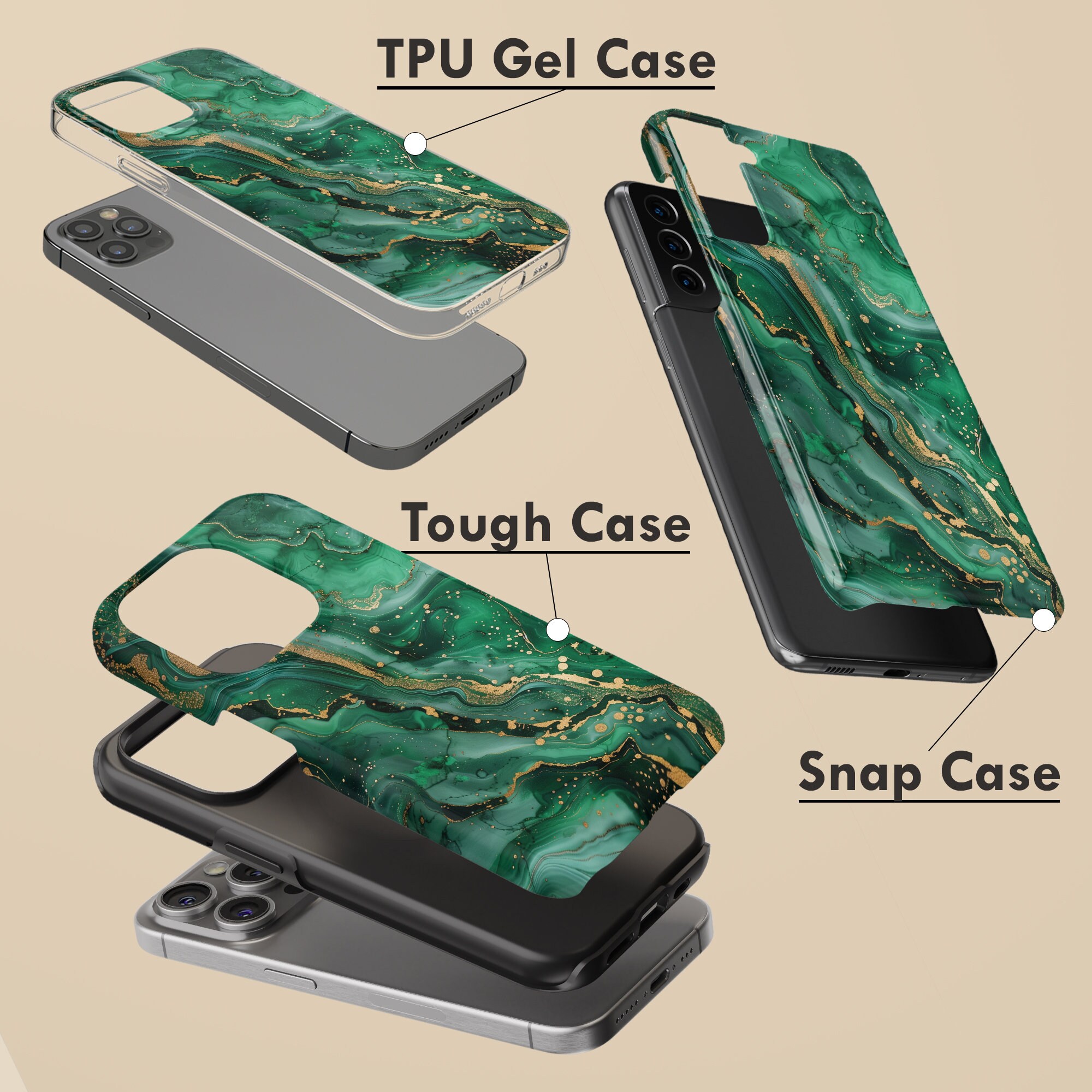 Jade Marble Phone Case With Gold Cover for iPhone 17 Pro Max, 16e