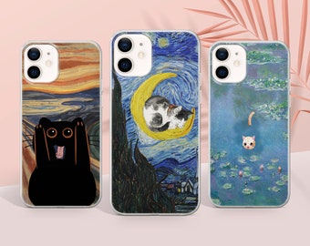 Custodia per telefono Van Gogh Funny Cat Meme Cover adatta per iPhone 15 Pro Max, 14 Plus, 13, 12, 11, XR e Samsung S24, S23, A54, A53, Pixel 8 Pro, 7