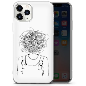Puede incluir: Una funda de tel&eacute;fono blanca con una ilustraci&oacute;n en blanco y negro de una persona con la cabeza llena de l&iacute;neas enredadas. La ilustraci&oacute;n es un simple dibujo de l&iacute;nea.