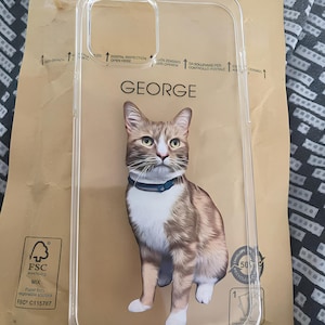 Pu&ograve; includere: Custodia trasparente per telefono con un'illustrazione dettagliata di un gatto con pelo marrone e bianco, con un collare blu. Il nome "GEORGE" &egrave; stampato sopra il gatto. La custodia &egrave; su uno sfondo di carta marrone.