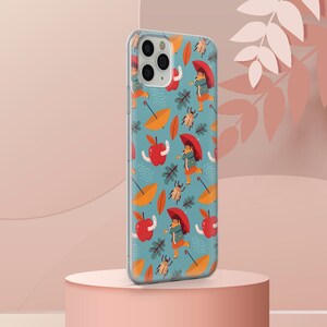 May include: A clear phone case with a blue background and a repeating pattern of red apples, yellow leaves, brown bugs, and people wearing red umbrellas.