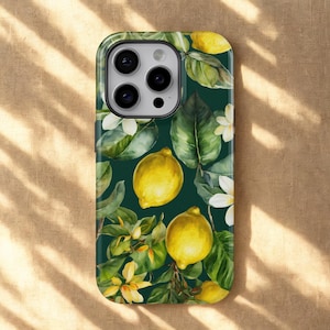May include: A phone case featuring a watercolor design of lemons, leaves, and white flowers on a dark green background. The case has a glossy finish and a camera cutout.
