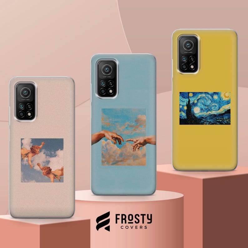 May include: Three smartphone cases featuring artistic prints. The left case is beige with cherubs in clouds. The center case is light blue with a depiction of reaching hands in the sky. The right case is yellow with a starry night landscape print.
