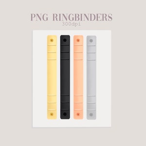 May include: Four ring binder spines in different colours: yellow, black, peach, and grey. Each spine has a metal screw at the top and bottom.