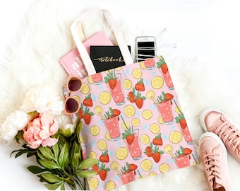 Sac fourre-tout limonade aux fraises - Cabas rose fruit d'été avec fleurs et agrumes, 3 tailles, anses rouges ou blanches, sac de plage, cadeaux pour elle
