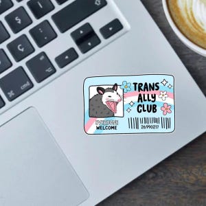 Adesivo, adesivo para para-choque ou ímã do Trans Ally Club - Design Trans Lives Matter, decalque de vinil de 2,5 pol., presente de orgulho, design engraçado de gambá gritando