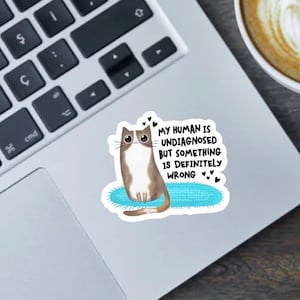 My Human Is Undiagnosed But Something Is Definitely Wrong 2.5 Inch Sticker, Fridge Magnet or Bumper Sticker mental health gift for cat lover