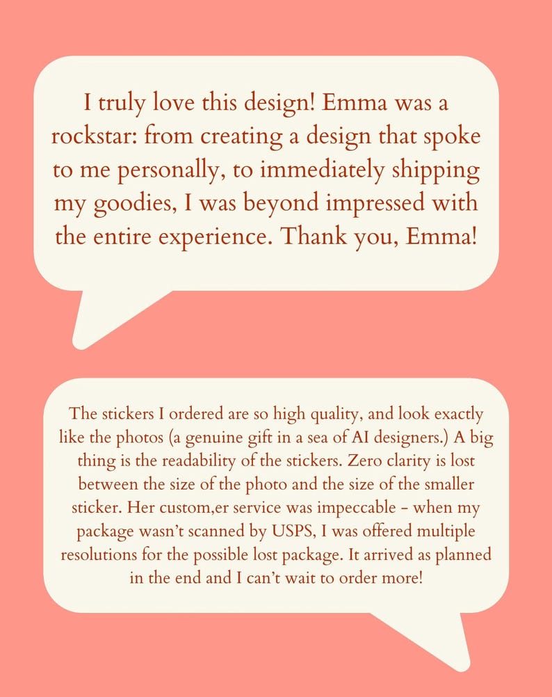 May include: A customer review of a sticker shop, with a positive review about the quality of the stickers and the customer service. The review mentions the stickers are high quality and look exactly like the photos. The customer also praises the customer service for being helpful when their package was lost.