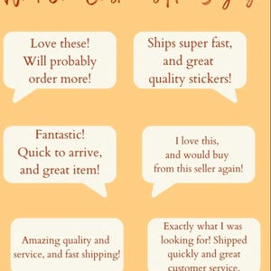 May include: Five speech bubbles with customer reviews about a product. The reviews are positive and mention fast shipping, great quality, and excellent customer service.
