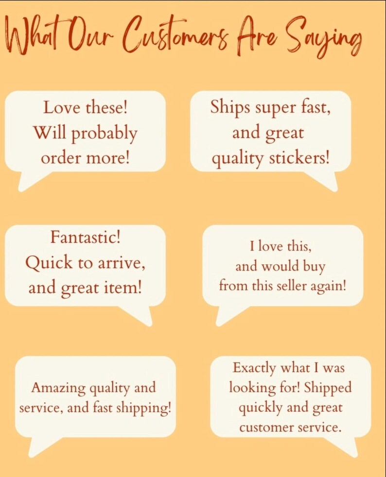 May include: Five speech bubbles with customer reviews about a product. The reviews are positive and mention fast shipping, great quality, and excellent customer service.