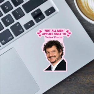 May include: A pink sticker with a smiling man with dark hair and a beard. The sticker has the text "NOT ALL MEN" applies only to Pedro Pascal, with pink hearts above the text.