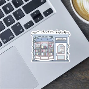 Meet Cute At The Bookstore 2.5 inch sticker, bumper sticker or magnet - vinyl decal for book lovers, gifts for readers, cozy cottagecore