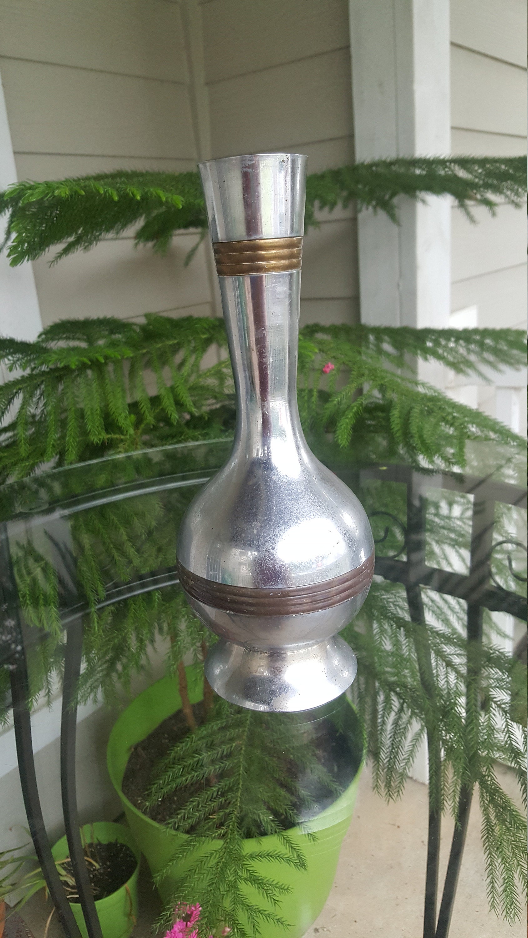 Solid Brass Small Mouth Vase with Accent RIngs/Made in Etsy