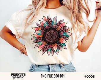 Sunflower Leopard Cheetah PNG Sublimation, Orange, Green, Digital Download