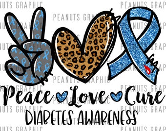 Peace Love Cure PNG, sublimatieontwerp, diabetesbewustzijn png, blauw, luipaard, cheetah, digitale download, sjablonen, afdrukken