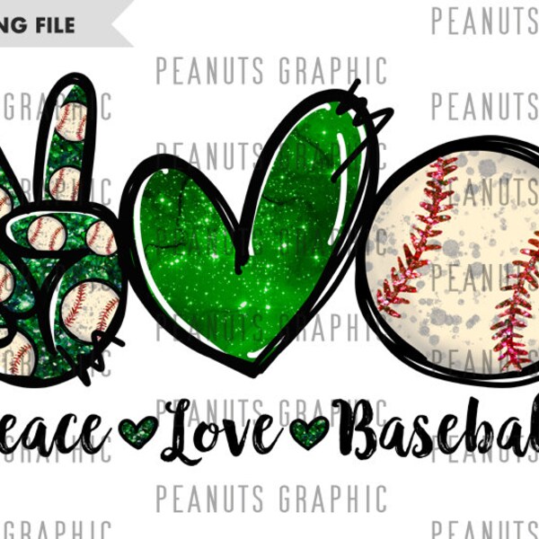 Peace Love Baseball PNG, Sublimation Design, Green, Digital Download, Clipart, templates, Print